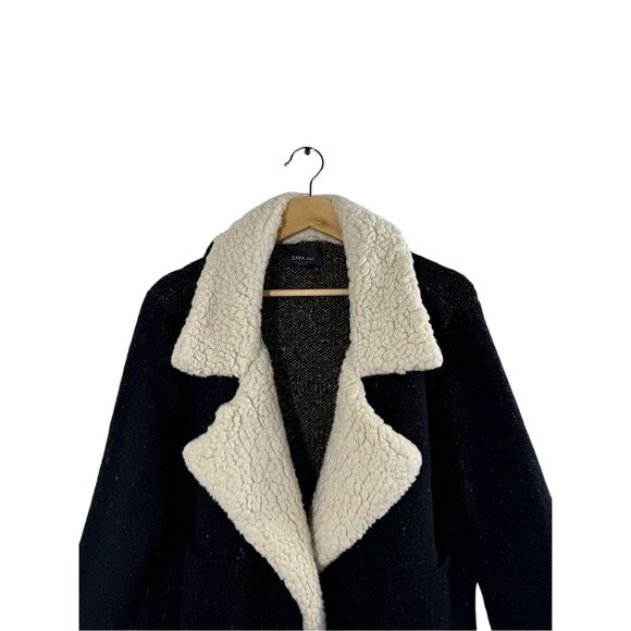 ZARA Knit Black Long Sleeve Faux Sherpa Collared Sweater Size L Open Pockets - Picture 4 of 13